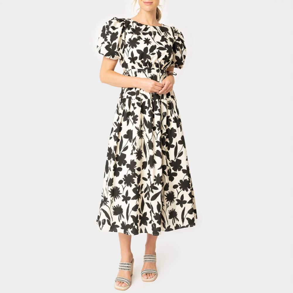 Moon River Cream Black Floral Cotton Shirred Midi Dress Size S